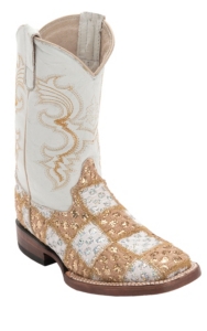 Ferrini® Youth Gold/White Lace Patchwork w/White Top Double Welt Square Toe Western Boots