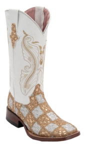 Ferrini® Ladies Gold/White Lace Patchwork w/White Top Double Welt Square Toe Western Boots
