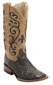 Ferrini® Ladies Antique Brown Tooled w/Tan Sequin Inlay Top Double Welt Square Toe Western Boots