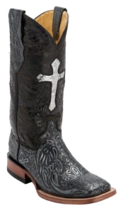 Ferrini® Ladies Antique Black/Silver Cross Tooled w/Cross Inlay Top Double Welt Square Toe Western Boots