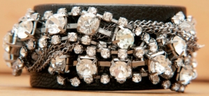 Wear N.E. Wear® Black Leather w/ Chains & Crystals Snap Bracelet