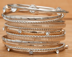 Wear N.E. Wear® Gold & Silver with Clear Crystals 15 Piece Bangle Bracelet Set