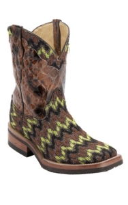 Ferrini® Ladies Green/Brown/Bronze/Black Zig-Zag Chevron Cowgirl Cool w/Gator Print Top Double Welt Square Toe Western Boots