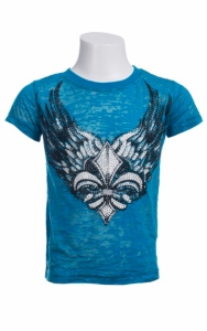 Rock & Roll Cowgirl® Girls' Turquoise with Winged Fleur De Lis & Crystals Short Sleeve Burnout Tee