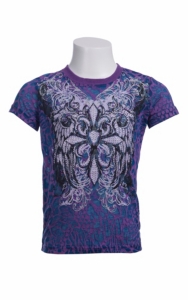 Rock & Roll Cowgirl® Girls' Purple & Blue Leopard w/ Winged Cross Short Sleeve Burnout Tee