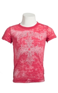Rock & Roll Cowgirl® Girls' Coral Logo w/ Cross & Crystals Short Sleeve Burnout Tee