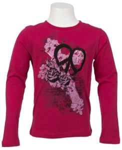 Rock & Roll Cowgirl® Girls' Hot Pink w/ Cross, Peace Heart & Roses Long Sleeve Tee