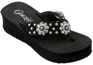 Grazie® Ladies Mustang Black Brindle Hair 3 Silver Conchos Rhinestone Flip Flops