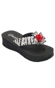 Grazie® Ladies Leonora Black & White Zebra with Rose Cross Flip Flops