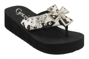 Grazie® Ladies Cowgirl Black & White Cow Print w/ Cross Rhinestone Flip Flops