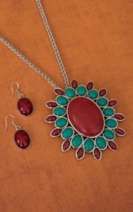 Cindy Smith® Silver with Turquoise and Red Flower Concho Pendant Necklace and Earrings Jewelry Set