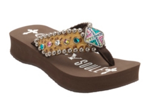 Gypsy Soule® Butterscotch™ Ladies Brown w/ Multi Color Rhinestone Flip Flops