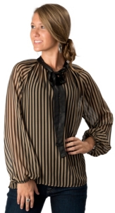 Karlie® Ladies Tan and Black Striped with Black Tie at Neck Long Sleeve Sheer Fashion Top