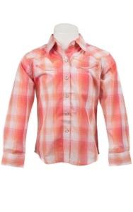 Wrangler® Girl's Pink, Orange & White Plaid Long Sleeve Western Shirt