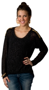 Vintage Havana® Women's Black and Grey with Gold Studs on Shoulder Long Sleeve Sweater Fashion Top
