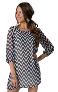 Karlie® Women's Navy and White Chevron Print w/ Bow Fabrication 3/4 Sleeve Dress