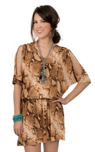 Cowgirl Justice® Women's Hidalgo Brown Snake Print Cold Shoulder 3/4 Sleeve Dress