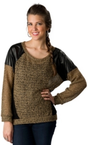 Vintage Havana® Women's Tan with Black Back and Faux Leather Shoulders Long Sleeves Knit Fashion Top