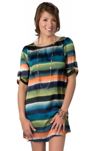 Hot & Delicious® Women's Navy and Green Watercolor Stripes Silky 3/4 Sleeves Dress
