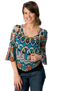 Hot & Delicious® Women's Turquoise, Purple, Yellow and Pink Geometric Sheer 3/4 Sleeve Fashion Top