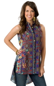 Hot & Delicious® Women's Blue with Multi Floral Paisley Print Sleeveless Hi-Lo Button Down Tunic Fashion Top