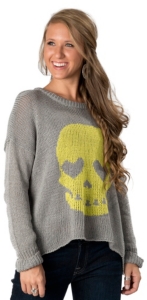 Vintage Havana® Women's Grey with Yellow Happy Skull Long Sleeve Sweater Fashion Top