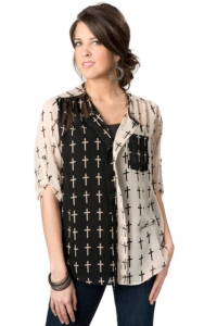 Karlie® Women's Cream and Black Cross Print Color Block Chiffon 3/4 Sleeve Fashion Top