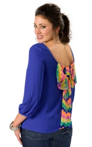 Karlie® Women's Solid Blue with Neon Chevron Bow Back 3/4 Sleeve Fashion Top