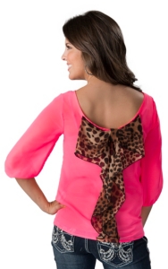 Karlie® Women's Neon Pink with Leopard Bow Back 3/4 Sleeve Fashion Top
