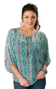 Karlie® Women's Aqua with Multicolor Aztec Print 3/4 Sleeve Fashion Top