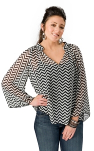 Karlie® Women's Black and White Chevron Chiffon Long Sleeve Fashion Top