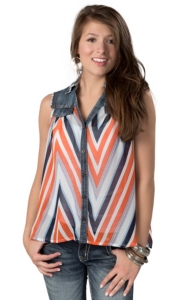 Hot & Delicious® Women's Denim and Orange Chevron Chiffon Sleeveless Fashion Top