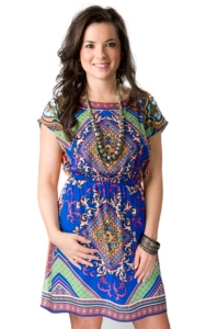 Flying Tomato® Women's Blue and Orange Multi Empire Waist Short Cap Sleeve Dress