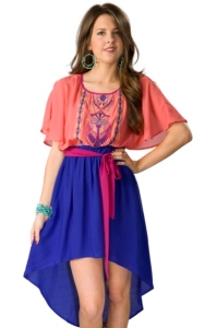 Flying Tomato® Women's Coral and Blue Hi-Lo with Short Flutter Sleeves Dress