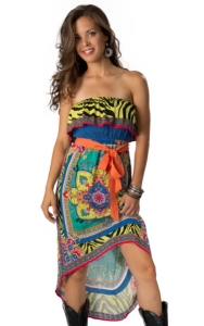 Flying Tomato® Women's Lime and Blue Ruffle Top Hi-Lo Strapless Dress