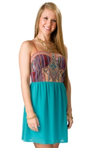 Flying Tomato® Women's Teal Bottom with Orange Multi Guatemalan Print Top Sleeveless Dress