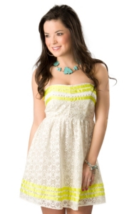Flying Tomato® Women's Cream Lace with Neon Yellow Strapless Dress