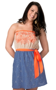 Flying Tomato® Women's Tan and Blue with Orange Lace Sleeveless Dress