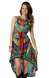 Flying Tomato® Women's Red & Teal Multi Print Hi-Lo Sleeveless Dress