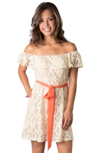 Flying Tomato® Women's Cream Lace Ruffle with Orange Tie Off the Shoulder Dress