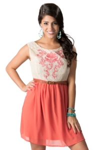 Flying Tomato® Women's Cream and Coral with Pink Embroidery Belted Sleeveless Dress