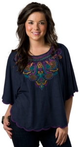 Flying Tomato® Women's Blue Micro Suede w/ Multicolor Embroidery Poncho Style Top