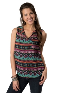 Karlie® Women's Navy with Turquoise and Pink Aztec Print Sleeveless Tab Shoulder Chiffon Fashion Top