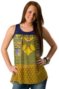 Lovemarks® Women's Yellow Multi Paisley with Blue Crochet Top Sleeveless Fashion Top