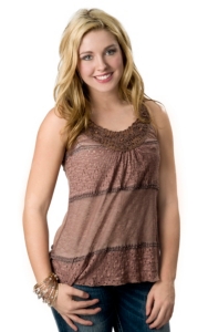 Panhandle Slim® Women's Brown Mesh and Lace Front with Beading Sleeveless Fashion Top