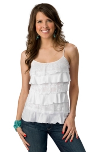 Panhandle Slim® Juniors White Knit and Lace Ruffle Front Spaghetti Strap Tank Fashion Top