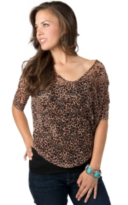 Panhandle Slim® Women's Brown Leopard Print Floral Lace 3/4 Dolman Sleeves Fashion Top