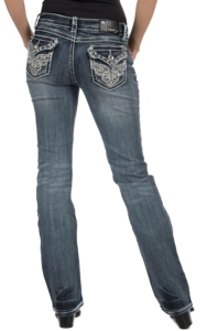 Grace in LA® Women's Vintage Scroll Embroidery w/ Crystals Flap Pocket Boot Cut Jean