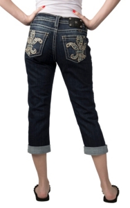 Miss Me® Womens Dark Wash Paisley Fleur with Crystals Open Pocket Cuffed Boyfriend Capri Jeans