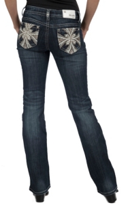 Grace in LA® Women's White & Pewter Maltese Leather Cross with Crystals Open Pocket Boot Cut Jean